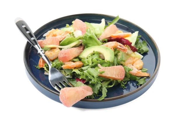 Delicious Pomelo Salad Shrimps Fork White Background — Stok fotoğraf