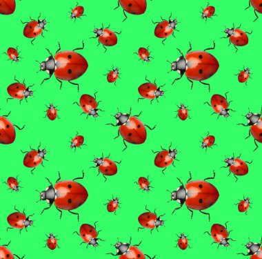 Many red ladybugs on green background, flat lay 