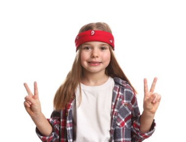 Cute little girl wearing stylish bandana on white background