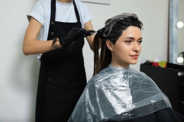 Profesyonel kuaför. Güzellik salonunda müşterinin saçını boyuyor.