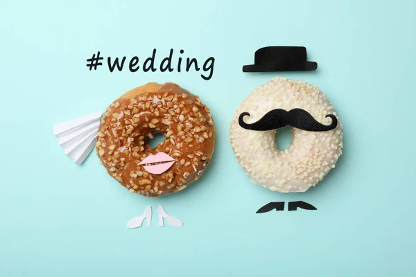 Bride Groom Made Donuts Hashtag Wedding Turquoise Background Flat Lay — Stockfoto