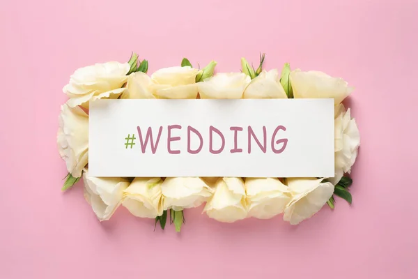 Beautiful Eustoma Flowers Card Hashtag Wedding Pink Background Flat Lay — Stock fotografie