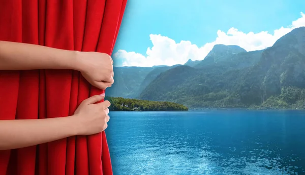 Woman Opening Red Front Curtain Picturesque View River Mountains Background — Stock fotografie