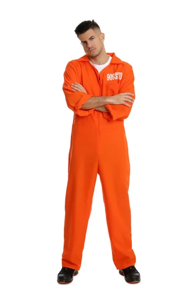 Gevangene Oranje Jumpsuit Witte Achtergrond — Stockfoto