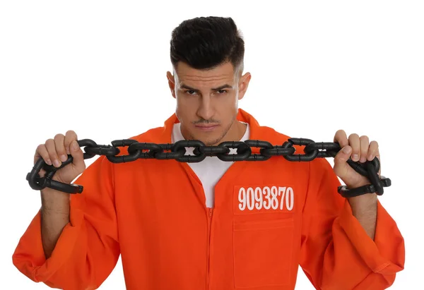 囚人でオレンジジャンプスーツでチェーン付き手上の白い背景 — ストック写真