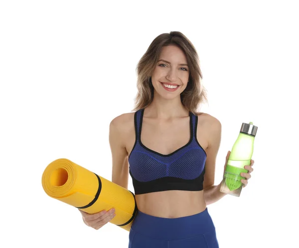 Beautiful Woman Yoga Mat Bottle Water White Background — стоковое фото