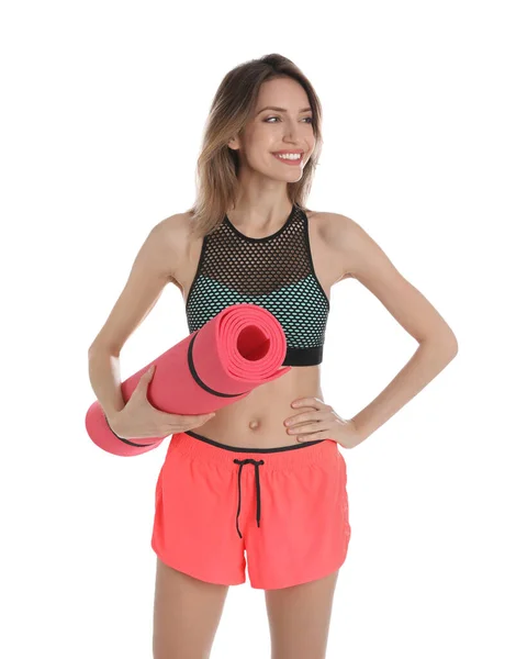 Mooie Vrouw Met Yoga Mat Witte Achtergrond — Stockfoto