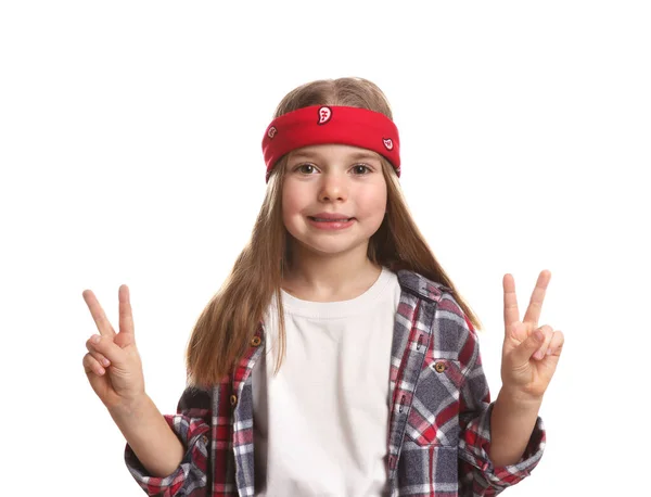 Cute Little Girl Wearing Stylish Bandana White Background — Zdjęcie stockowe