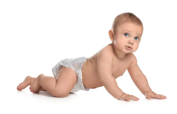 Lindo Bebé Pañal Arrastrándose Sobre Fondo Blanco — Foto de Stock