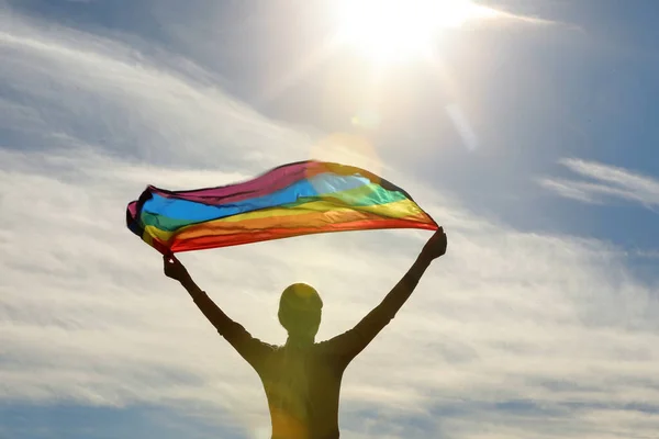 Woman Holding Bright Lgbt Flag Blue Sky Sunny Day Back — Stock Photo, Image