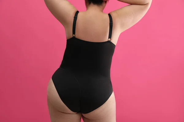 Back View Overweight Woman Black Underwear Pink Background Closeup Size — Zdjęcie stockowe