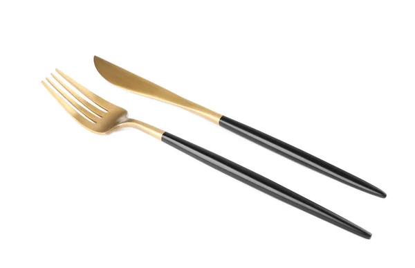 New Golden Fork Knife Black Handles White Background — Stock Photo, Image