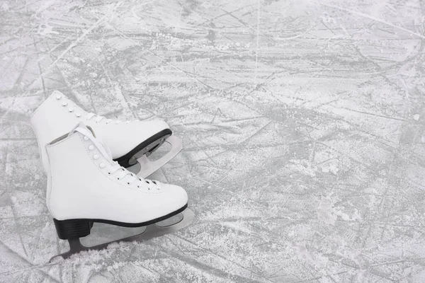 Pair Figure Skates Ice View Space Text — 스톡 사진