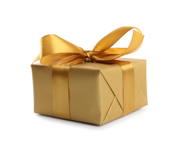 Красивая Подарочная Коробка Золотой Лентой Луком Белом Фоне — стоковое фото