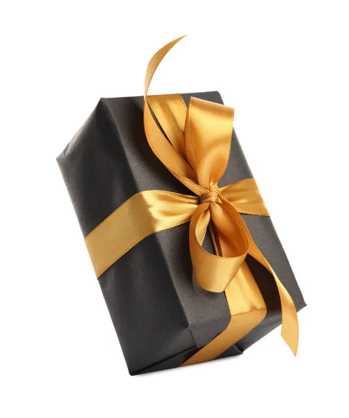 Прекрасна Подарункова Коробка Золотою Стрічкою Бантом Білому Тлі — стокове фото