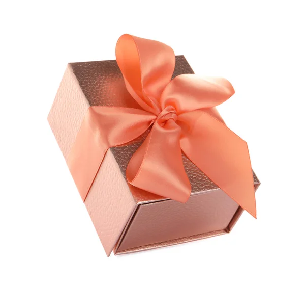 Beautiful Pink Gift Box Ribbon Bow White Background — Stockfoto