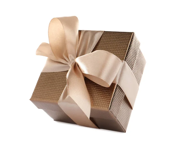 Beautiful Gift Box Ribbon Bow White Background — Stock Photo, Image