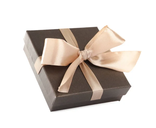 Beautiful Gift Box Ribbon Bow White Background — Stock Photo, Image