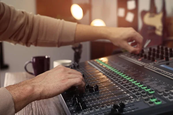 Man Working Professional Mixing Console Modern Radio Studio Closeup —  Fotos de Stock