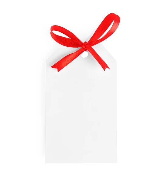 Blank Gift Tag Red Satin Ribbon White Background Top View — Stock Photo, Image