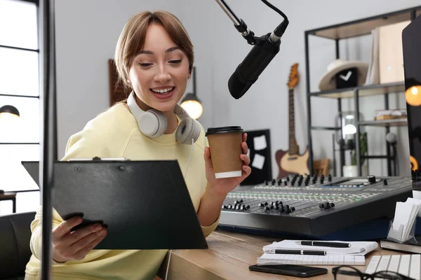 Woman Cup Coffee Working Radio Host Modern Studio — Stockfoto