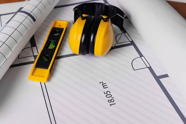 Construction Drawings Safety Headphones Ruler Closeup View —  Fotos de Stock