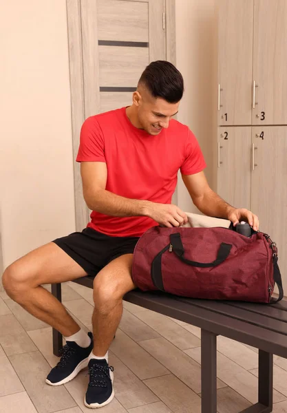 Handsome Man Sports Bag Locker Room — Fotografia de Stock