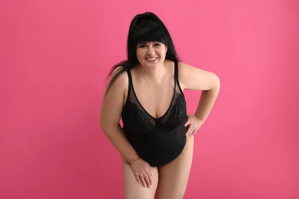 Beautiful Overweight Woman Black Underwear Pink Background Size Model — Stockfoto