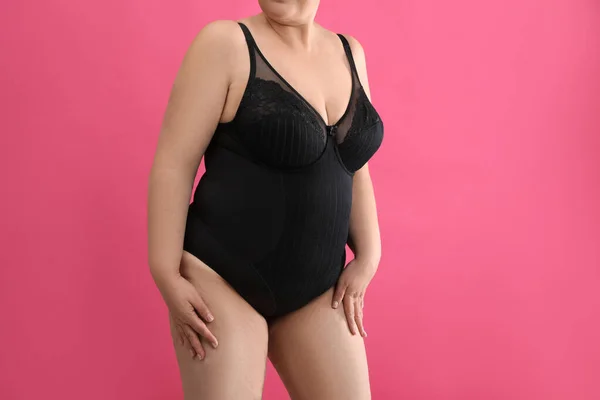 Overweight Woman Black Underwear Pink Background Closeup Size Model — Fotografia de Stock