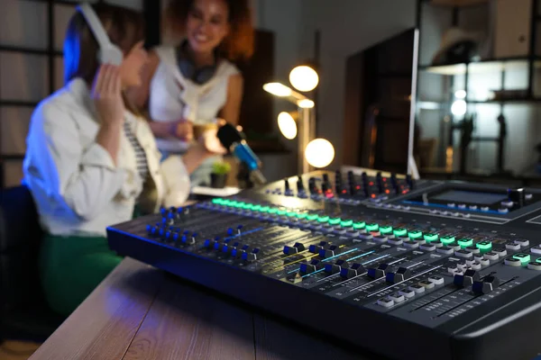 Women Working Modern Radio Studio Focus Professional Mixing Console — Stok fotoğraf