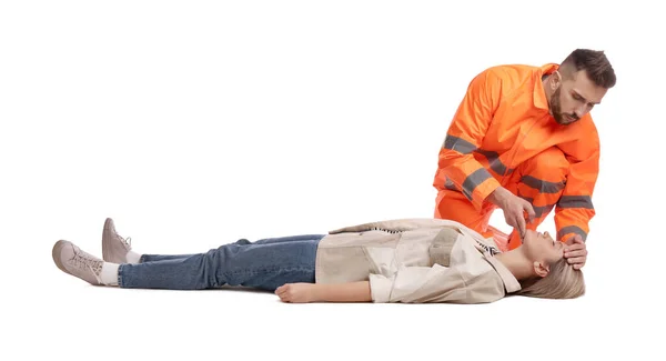 Paramedic Uniform Performing First Aid Unconscious Woman White Background — Fotografia de Stock