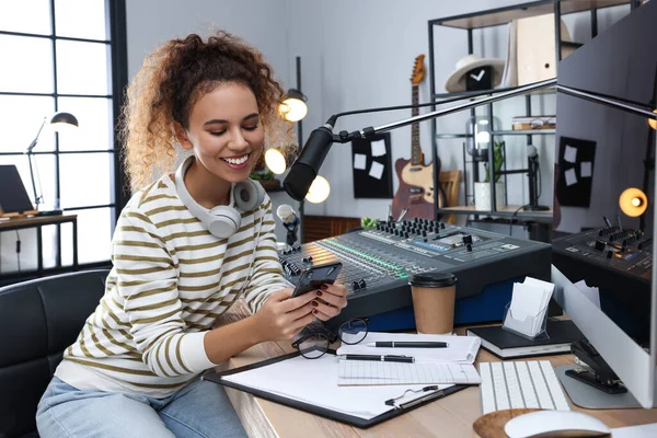 African American Woman Smartphone Working Radio Host Modern Studio — Stockfoto
