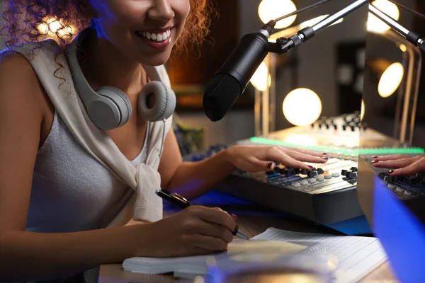 African American Woman Working Radio Host Modern Studio Closeup — стокове фото