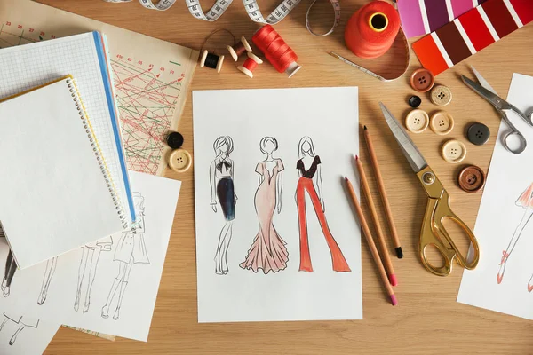 Sketches Fashion Clothes Thread Supplies Designer Workplace Flat Lay — Stockfoto