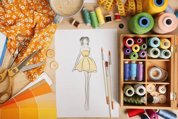 Sketch Fashion Dress Thread Supplies Designer Workplace Flat Lay — 图库照片