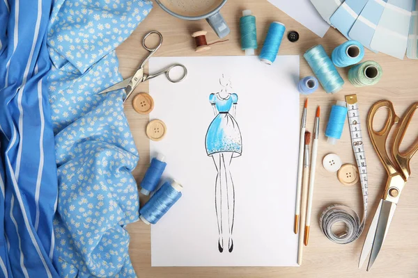 Sketch Fashion Dress Thread Supplies Designer Workplace Flat Lay — Fotografia de Stock