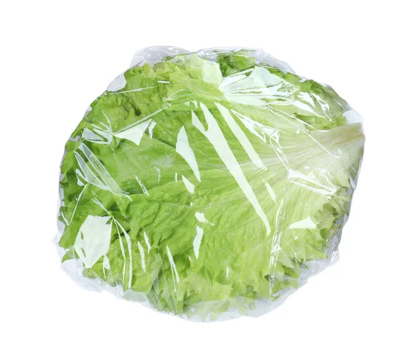 Fresh Lettuce Wrapped Transparent Plastic Stretch Film Isolated White Top —  Fotos de Stock