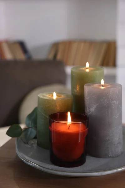 Beautiful Burning Candles Wooden Table Indoors Space Text — Stockfoto