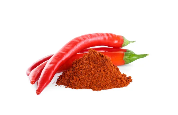 Fresh Chili Peppers Paprika Powder White Background — Foto de Stock