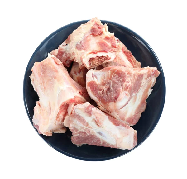 Plate Raw Chopped Meaty Bones Isolated White Top View — Stock fotografie