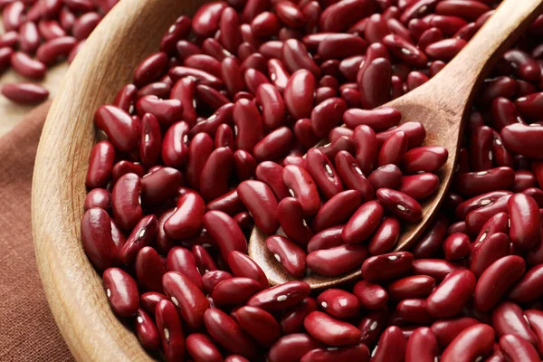 Raw Red Kidney Beans Spoon Wooden Bowl Closeup — Foto de Stock