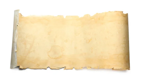 Arkusz Starego Papieru Pergaminowego Odizolowany Biało Widok Góry Miejsce Projektowania — Zdjęcie stockowe