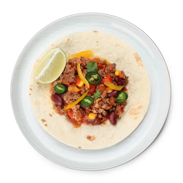 Tasty Chili Con Carne Tortilla White Background Top View — Fotografia de Stock