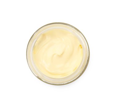 Beyaz manzaralı, lezzetli mayonez kavanozu.