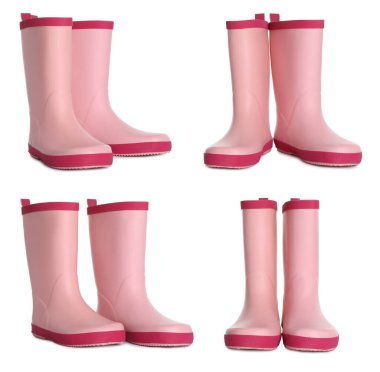 Beyaz arka planda pembe lastik çizmelerle ayarlandı 