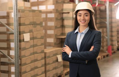 Manager in hardhat at warehouse. Logistics center