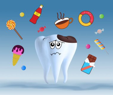 Unhealthy tooth and harmful products on light blue background, illustration. Dental problem