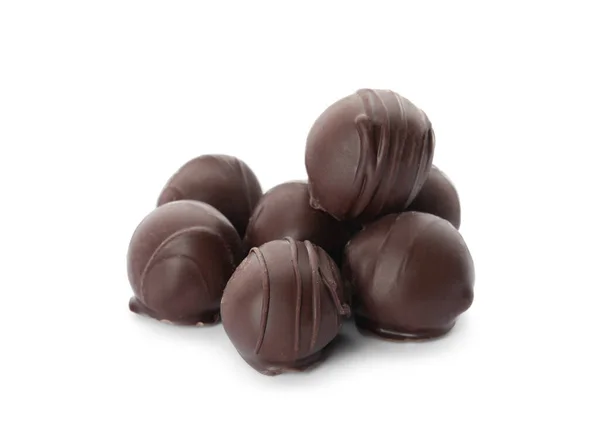Many Delicious Sweet Chocolate Truffles White Background — Zdjęcie stockowe