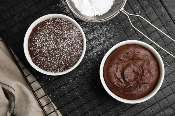Delicious Fresh Chocolate Fondant Black Table Flat Lay — Fotografia de Stock
