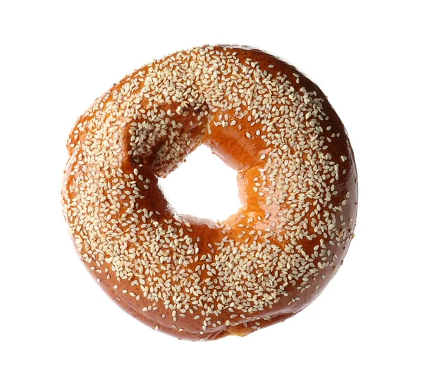 Delizioso Bagel Fresco Con Semi Sesamo Isolati Bianco — Foto Stock